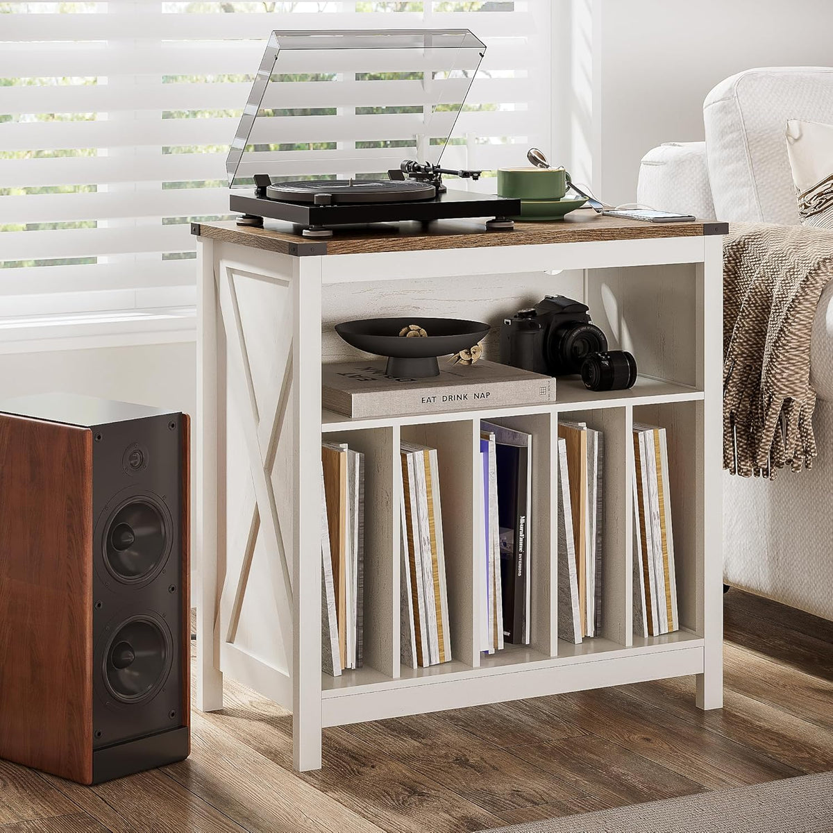 ChooChoo Large Record Player Stand with Charging Station & LED Light, Vinyl Record Holder hold up to 300 Albums, Farmhouse End Table for Bedroom, Living Room, Soft White
