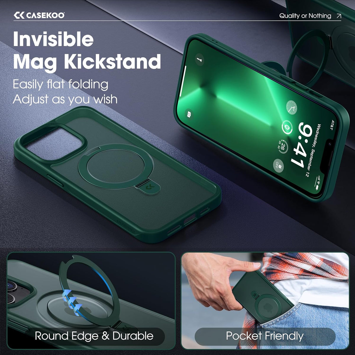 CASEKOO Designed for iPhone 13 Pro Max Case with Magnetic Invisible Stand [Military Drop Protection] [Compatible with MagSafe] Shockproof Translucent Matte Slim Promax Phone Cover 6.7", Green