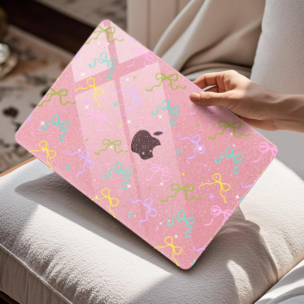 Mektron Compatible with M4 MacBook Air 15 inch Case 2025 A3241 2024 2023 M3 A3114 A2941 M2 Liquid Retina Display Touch ID, Plastic Hard Case & Keyboard Skin - Gilitter Pink Colorful Bows
