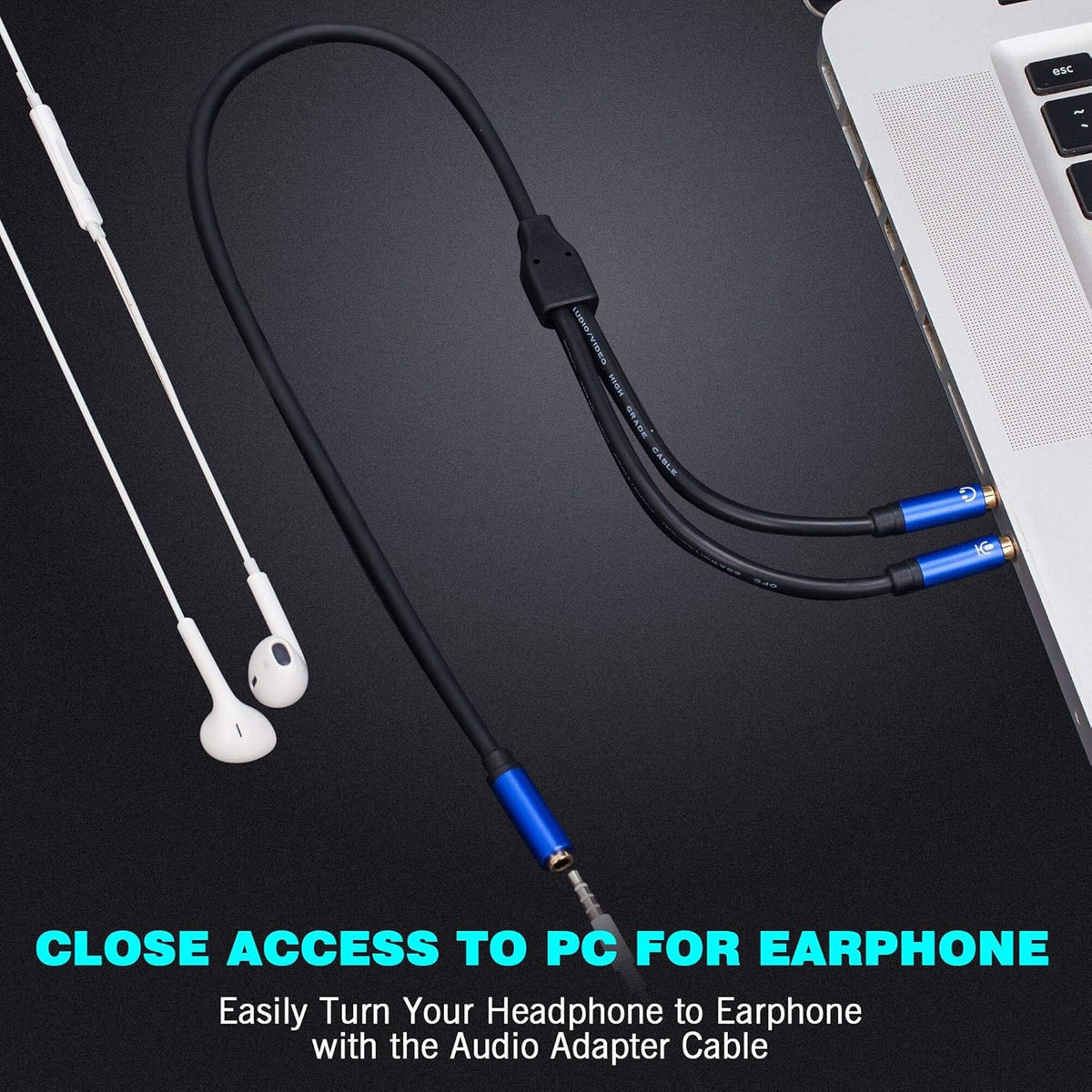 Tan QY Headphone Splitter 1Ft, 3.5mm Female to 2 Dual 3.5mm Male Headphone Mic Audio Y Splitter Cable Smartphone Headset to PC Adapter (1Ft/0.3M, Blue)