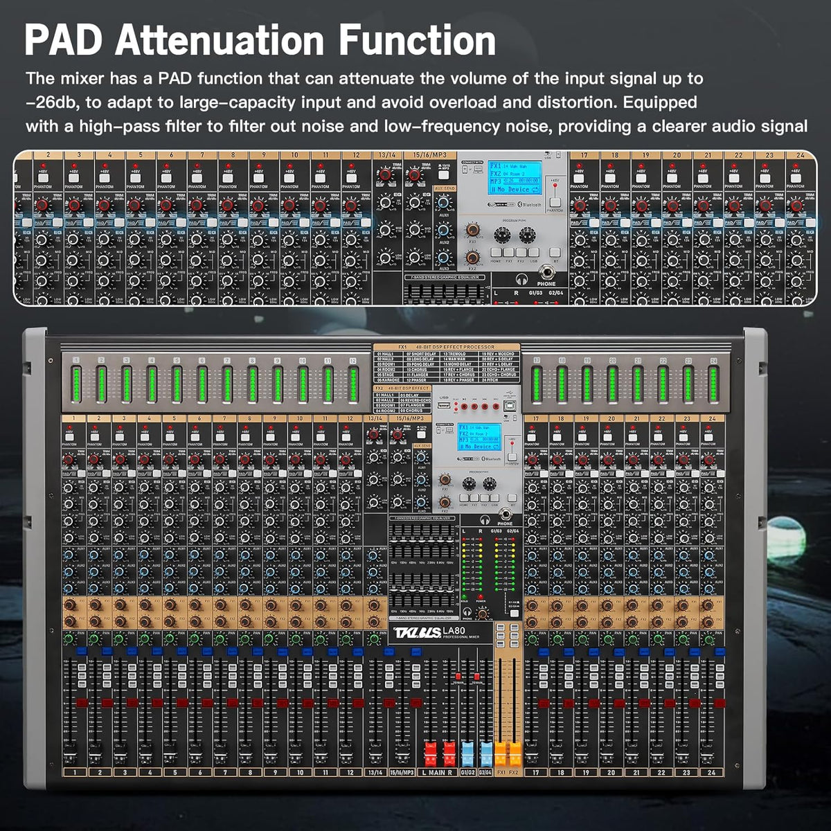 Professional Audio Mixer, 24 Channel Sound Board Mixing Console, Dual DSP Reverb, Dual 7-Band EQ, 48V Phantom Power, 4 Group Stereo Output Input, Mixer for Church