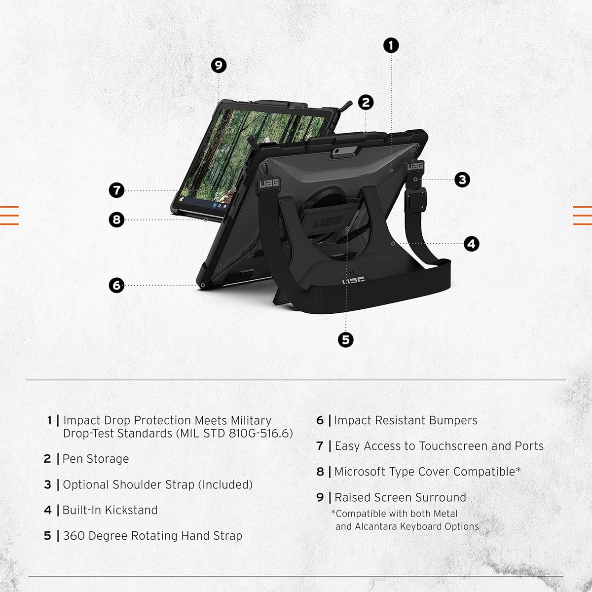 URBAN ARMOR GEAR UAG Designed for Microsoft Surface Pro 11/10/9 Case with Built-in Kickstand Hand & Shoulder Strap Pen Holder Compatible with Type Cover Keyboard Rugged Protective Cover, Plasma Ice