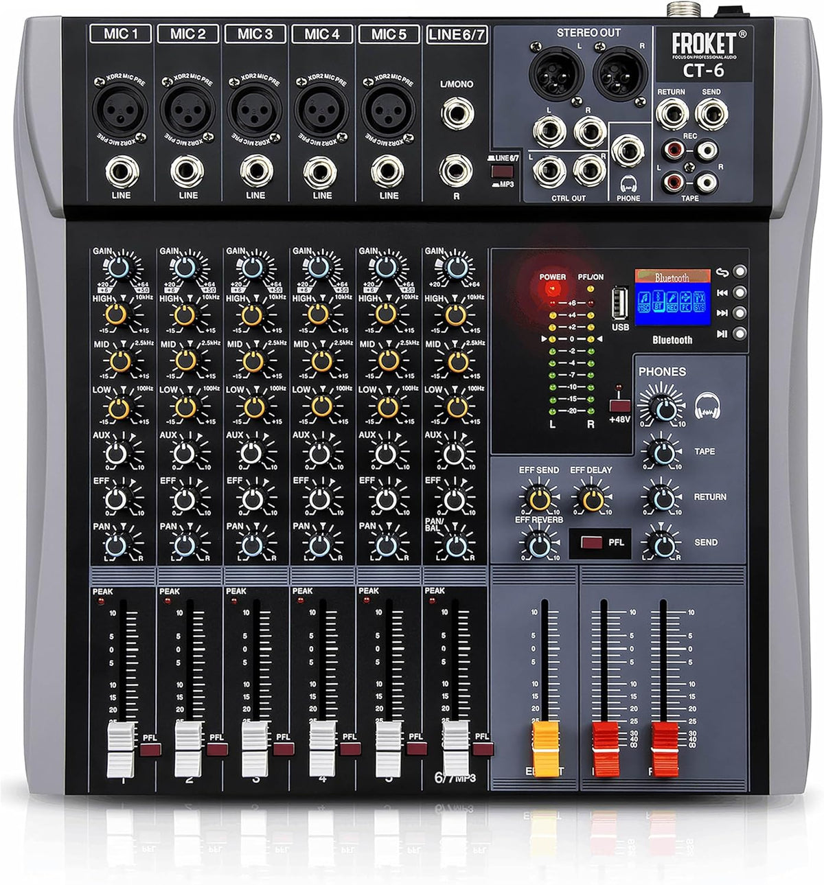Professional Audio Mixer Sound Board 6 Channel Audio Desk System Interface Digital DJ Console with Bluetooth USB Sound Audio Mixing Console for Karaoke Studio Party Recording Broadcast (CT-6)