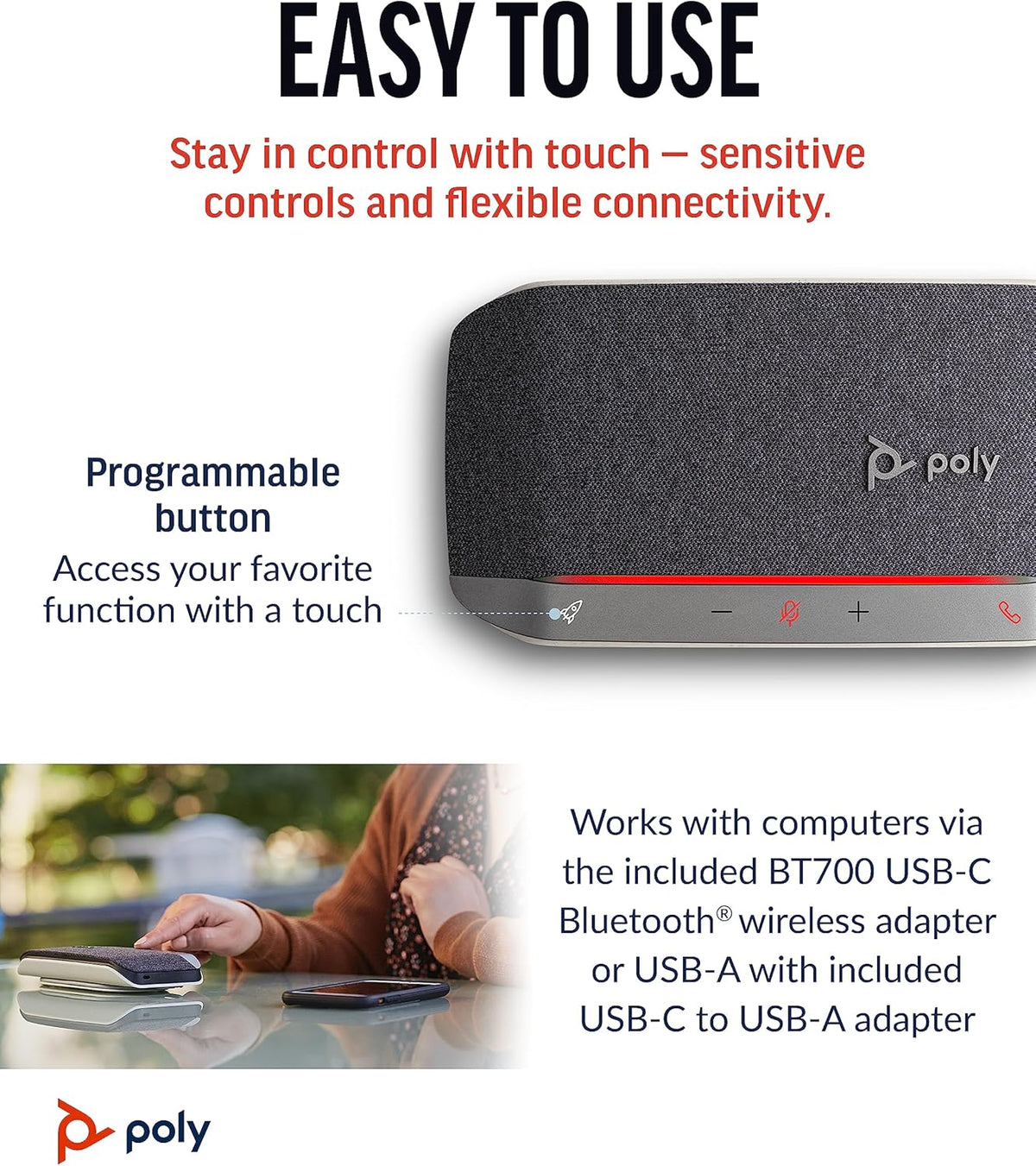 Poly Sync 20+ Personal Portable Bluetooth Speakerphone (Plantronics) - Noise/Echo Reduction - USB-C Bluetooth Adapter - Works w/Teams, Zoom, PC, Mac, Mobile – Amazon Exclusive