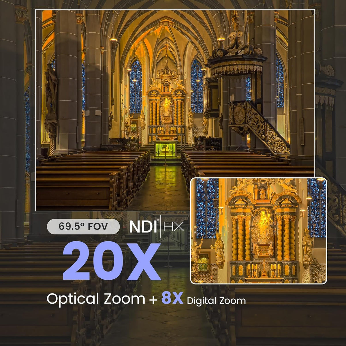 AI Auto Tracking NDI PTZ Camera 3G-SDI/USB3.0/HDMI/LAN IP PoE Live Streaming 20X Optical and 8X Digital Zoom Camera 1080P 60FPS for Church Services Worship Education Events vMix OBS YouTube