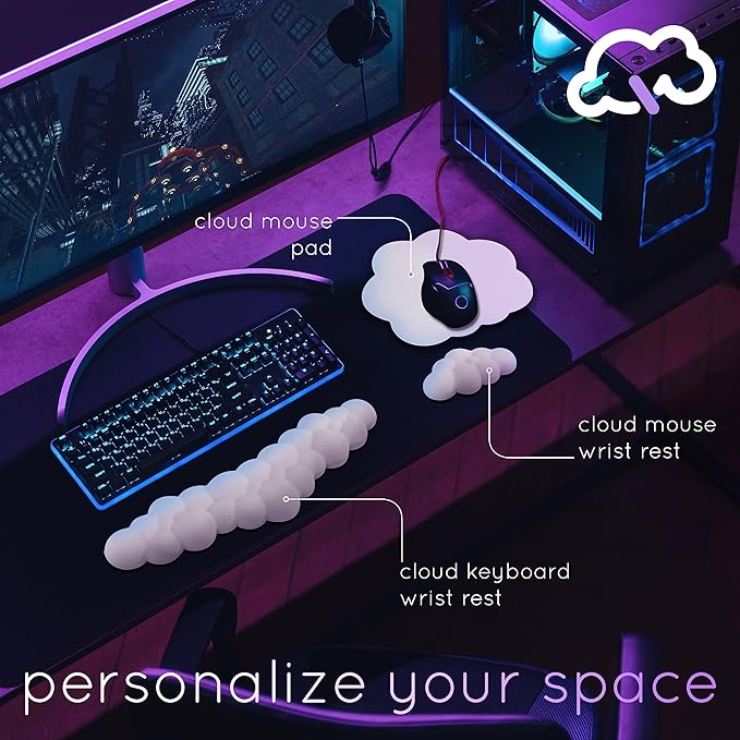 Qloud Cloud Wrist Rest Keyboard Wrist Rest for Computer Keyboard Pad Cloud Keyboard Wrist Rest Wrist Pad for Keyboard Memory Foam Non Slip Base Comes with Mouse Pad - Lilac Purple