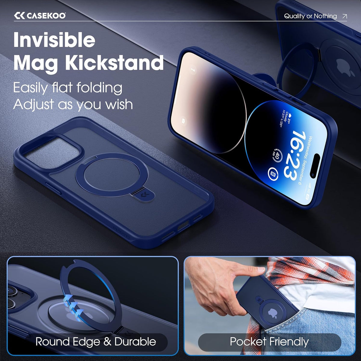 CASEKOO Designed for iPhone 14 Pro Max Case with Magnetic Invisible Stand [Military Drop Protection] [Compatible with MagSafe] Shockproof Slim Translucent Matte Promax Case 6.7 Inch, Blue