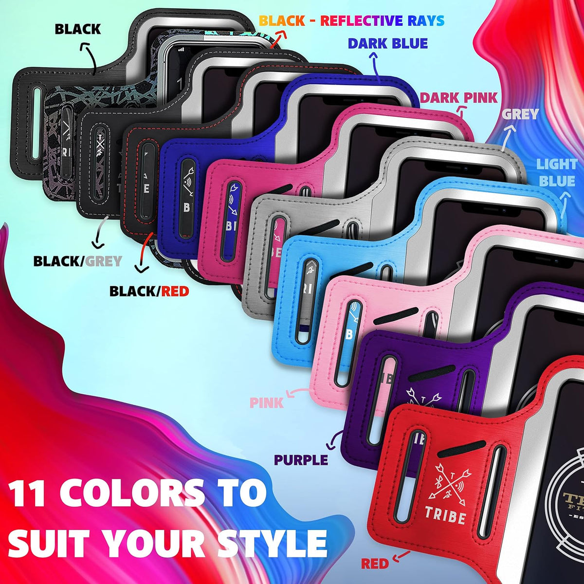 TRIBE Running Phone Holder Armband. iPhone & Galaxy Cell Phone Sports Arm Bands for Women, Men, Runners, Jogging, Walking, Exercise & Gym Workout. Fits All Smartphones. Adjustable Strap, CC/Key Pocket