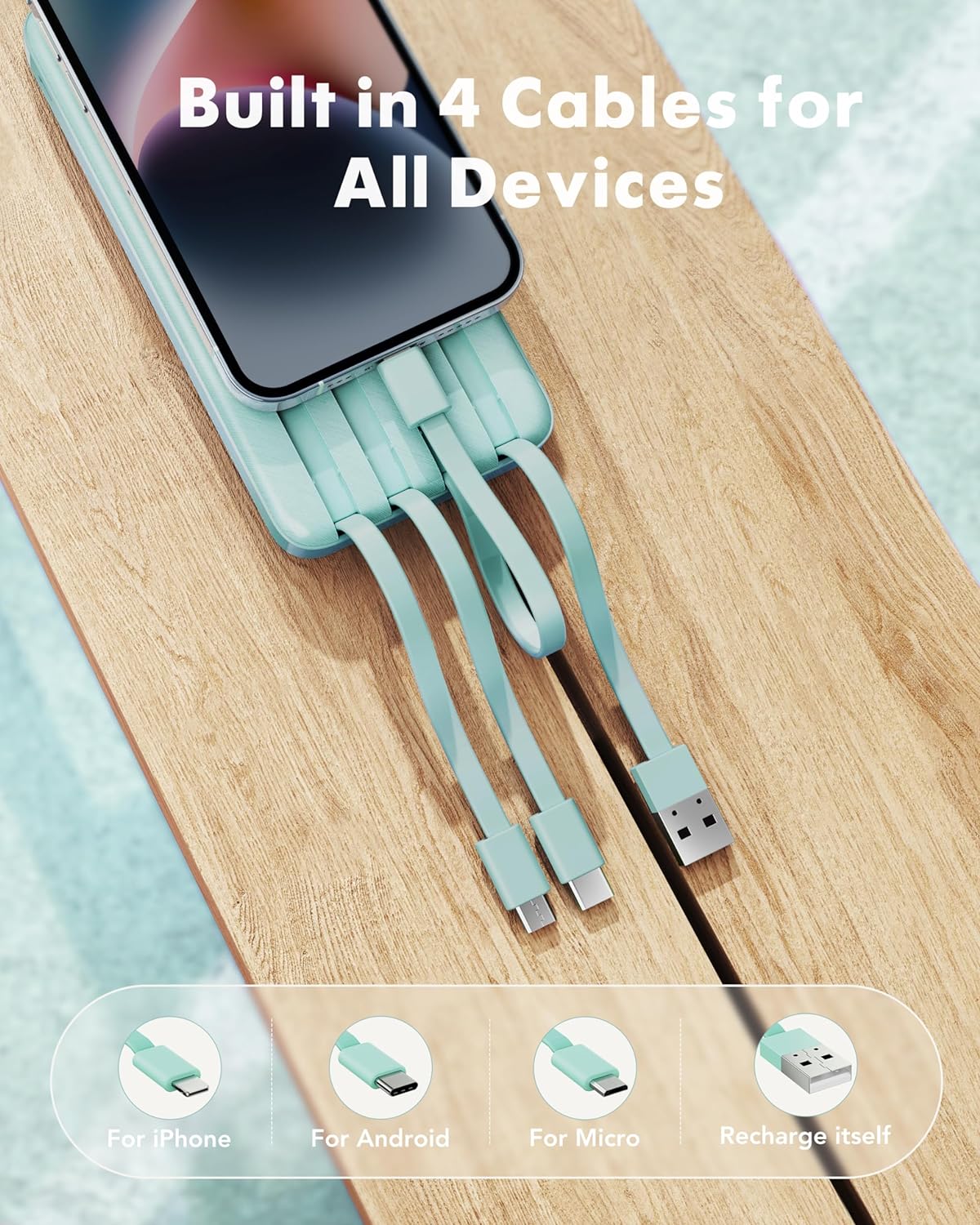 charmast Portable Charger with Built in Cables, Power Bank with Cords Wires, Slim 10000mAh Travel Battery Pack 6 Outputs 3 Inputs 3A Fast Charging for Samsung Google Pixel LG Moto iPhone iPad