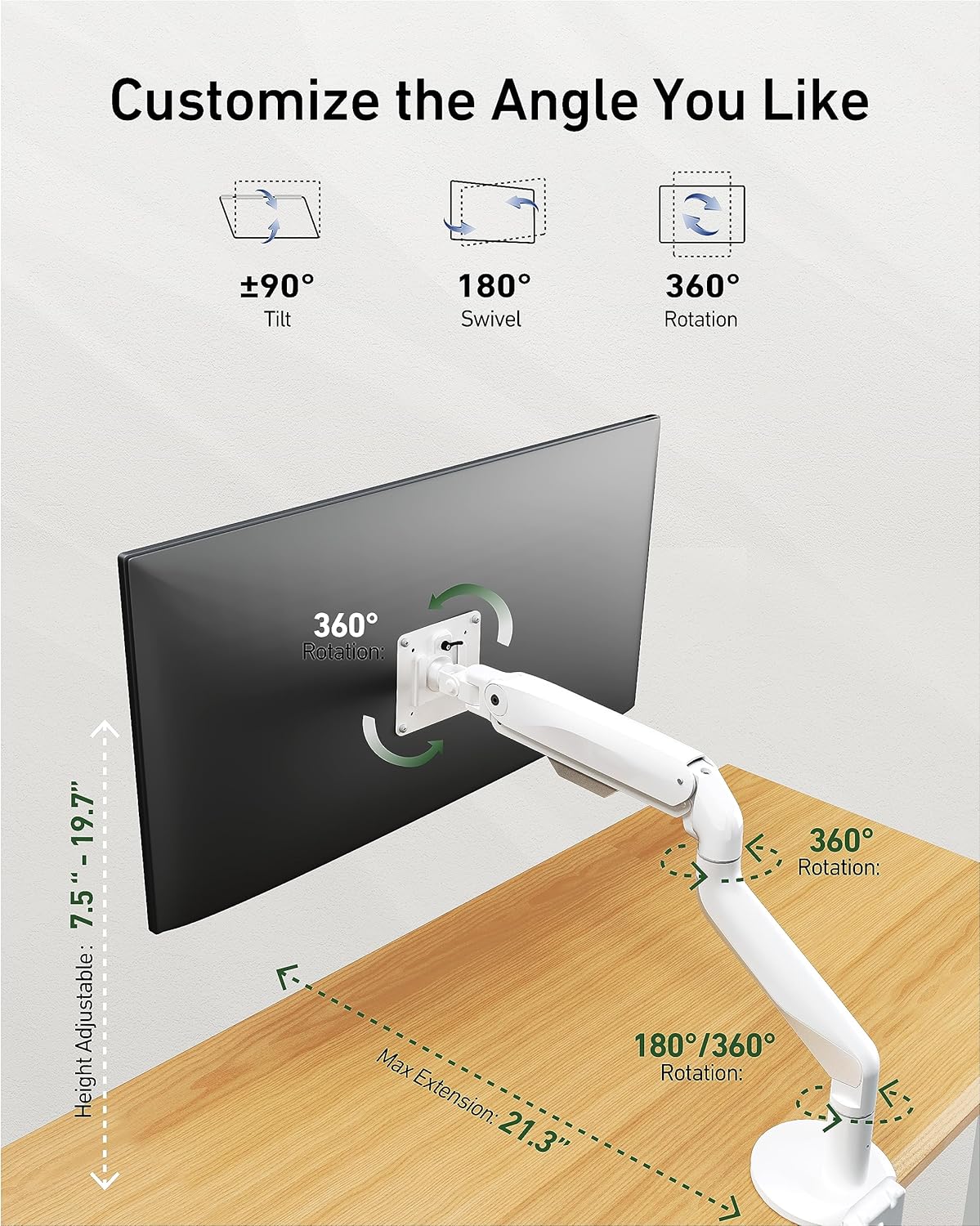 Ultrawide Single Monitor Mount, Adjustable Gas Spring Monitor Arm for 17 to 49 inch Screens, 75/100 Vesa Mount with C-Clamp and Grommet Base, White