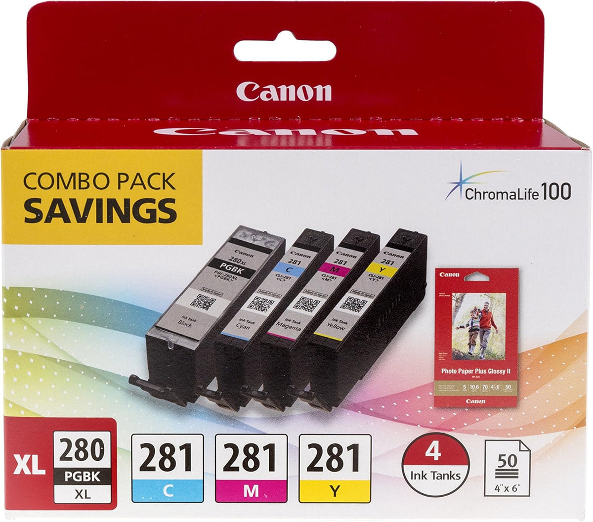 Canon PGI-280XL PGBK/CLI-281CMY Ink and Photo Paper Bundle