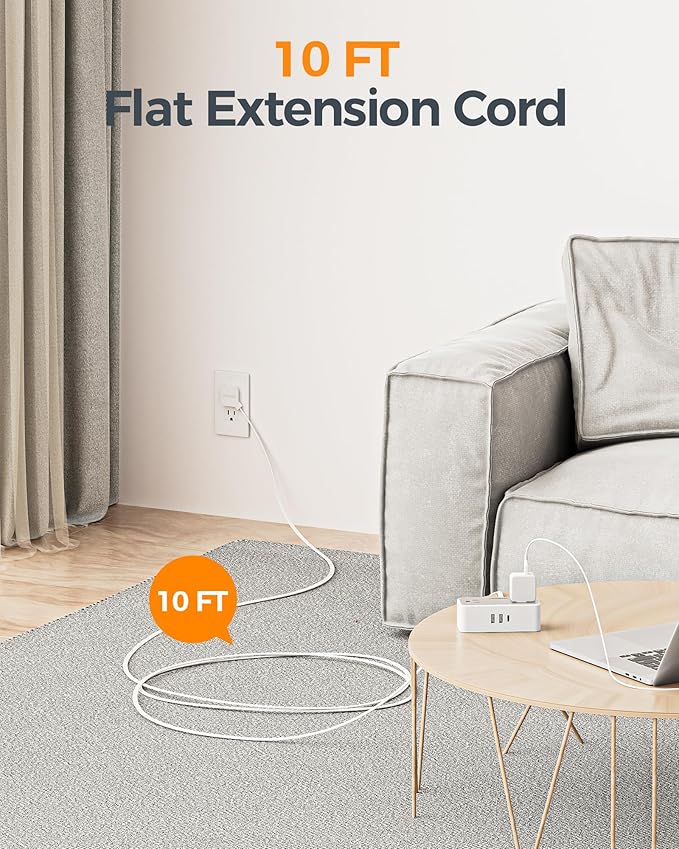 TESSAN Extension Cord 10 FT, Power Strip with 900J Surge Protection, Grey