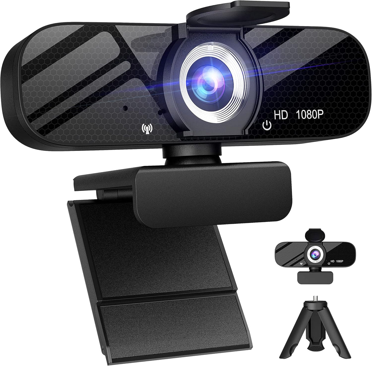 Full HD 1080P Webcam with Microphone, Wide Angle, Rotatable Tripod, Privacy Cover