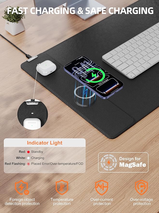 TopMade Mouse Pad with 15W Wireless Charging XXL Large Leather Desk Mat Waterproof Gaming Mousepad Home Office Desk Pad Protector Computer Keyboard Pad Mouse Mat for MacBook PC Laptop Black